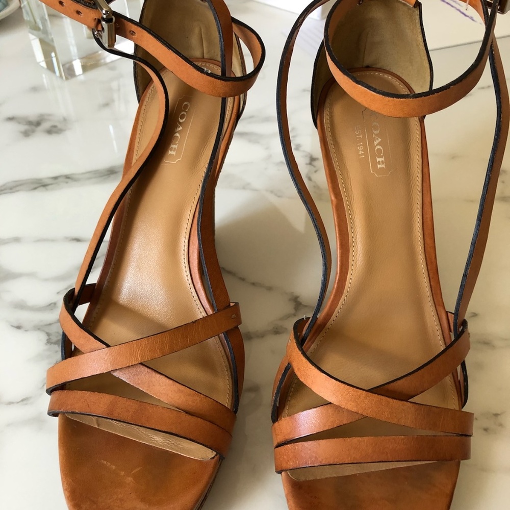 COACH LADIES TAN LEATHER WEDGE SANDALS